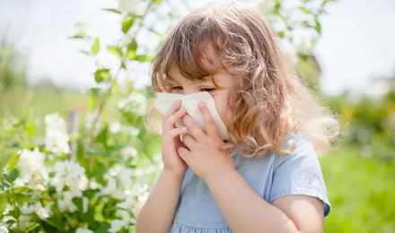 Little girl blowing her nose to relieve pollen allergy