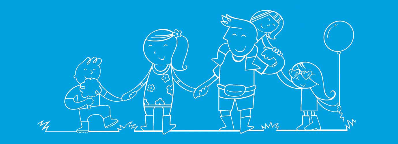 Illustrated family at a festival holding each others' hands with a balloon and candy floss