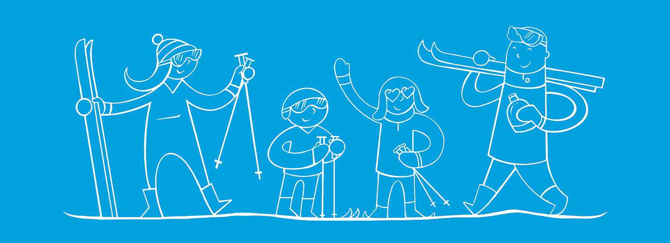 An illustrated family skiing together with ski equipment