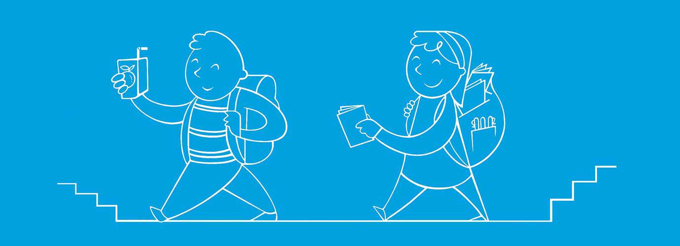 Kids with back to school supplies in their rucksacks walking down a school corridor