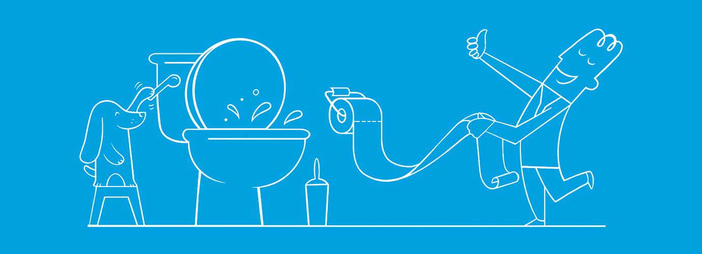 Illustrated boy and a dog following hygienic loo rules: the boy holds toilet paper while the dog flushes the loo